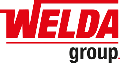 Logo der WELDA group, roter kursiver Schriftzug mit schwarzem Zusatz group