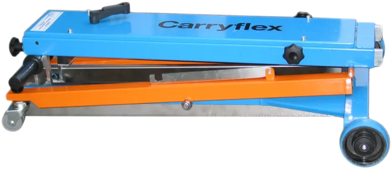 MT1 Carryflex zusammengeklappt in der Seitenansicht, Rollen und Handgriffe am blauen Rahmen