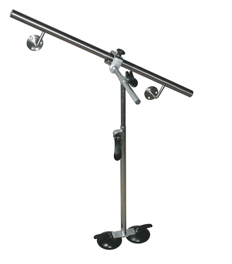 Montagestütze MS2 trägt einen Edelstahl-Handlauf mit Wandhaltern, Teleskopsäule auf zwei Saugfüssen