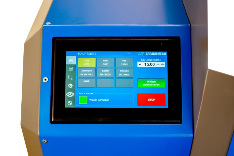 Touchdisplay der CREA-WHEEL 220 mit Materialauswahl, Materialstärke 15 mm und Statusanzeige der Walzen