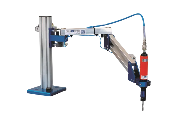 CREA-TAPP Gewindeschneidvorrichtung mit Alu-Säule auf Fussplatte, Gelenkarm und Druckluftmotor mit Gewindebohrer
