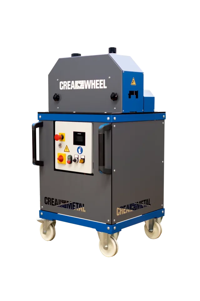 CREA-WHEEL 15mm Richtmaschine auf fahrbarem Untergestell mit Bedienpanel, rotem Not-Halt und vier Lenkrollen