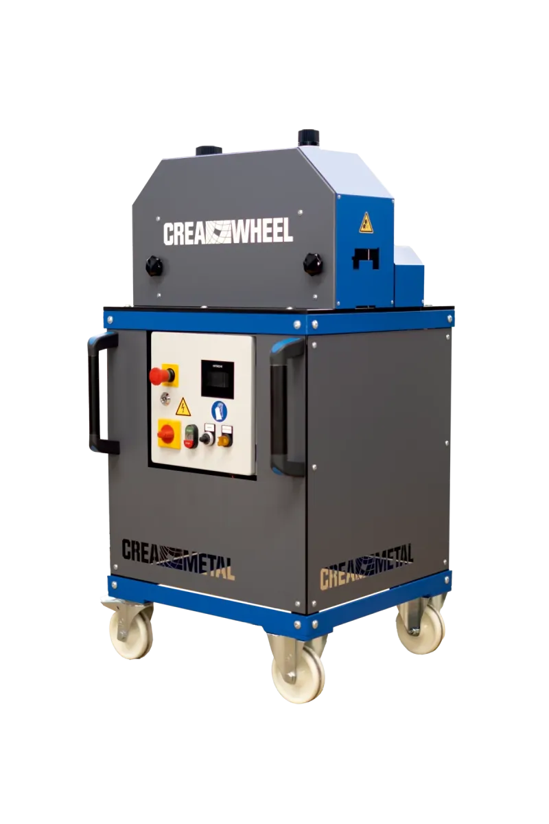CREA-WHEEL 15mm Richtmaschine auf fahrbarem Untergestell mit Bedienpanel, rotem Not-Halt und vier Lenkrollen
