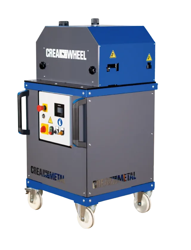 CREA-WHEEL 15mm RRM auf dem Rollschrank, Bedienpanel mit Not-Halt und Anzeige an der Stirnseite