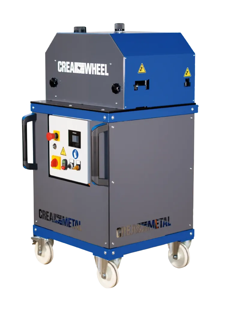 CREA-WHEEL 15mm RRM auf dem Rollschrank, Bedienpanel mit Not-Halt und Anzeige an der Stirnseite